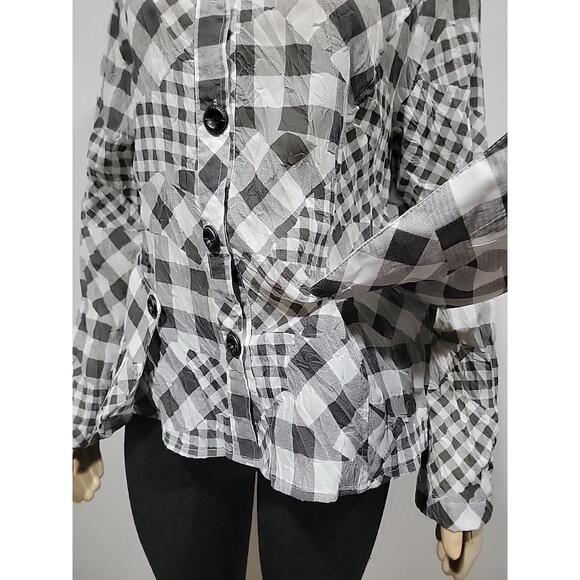 Ki Meng Top Blouse Fit M Checkered Wrinkled Polyester Lagenlook Art to Wear #C - Picture 10 of 14